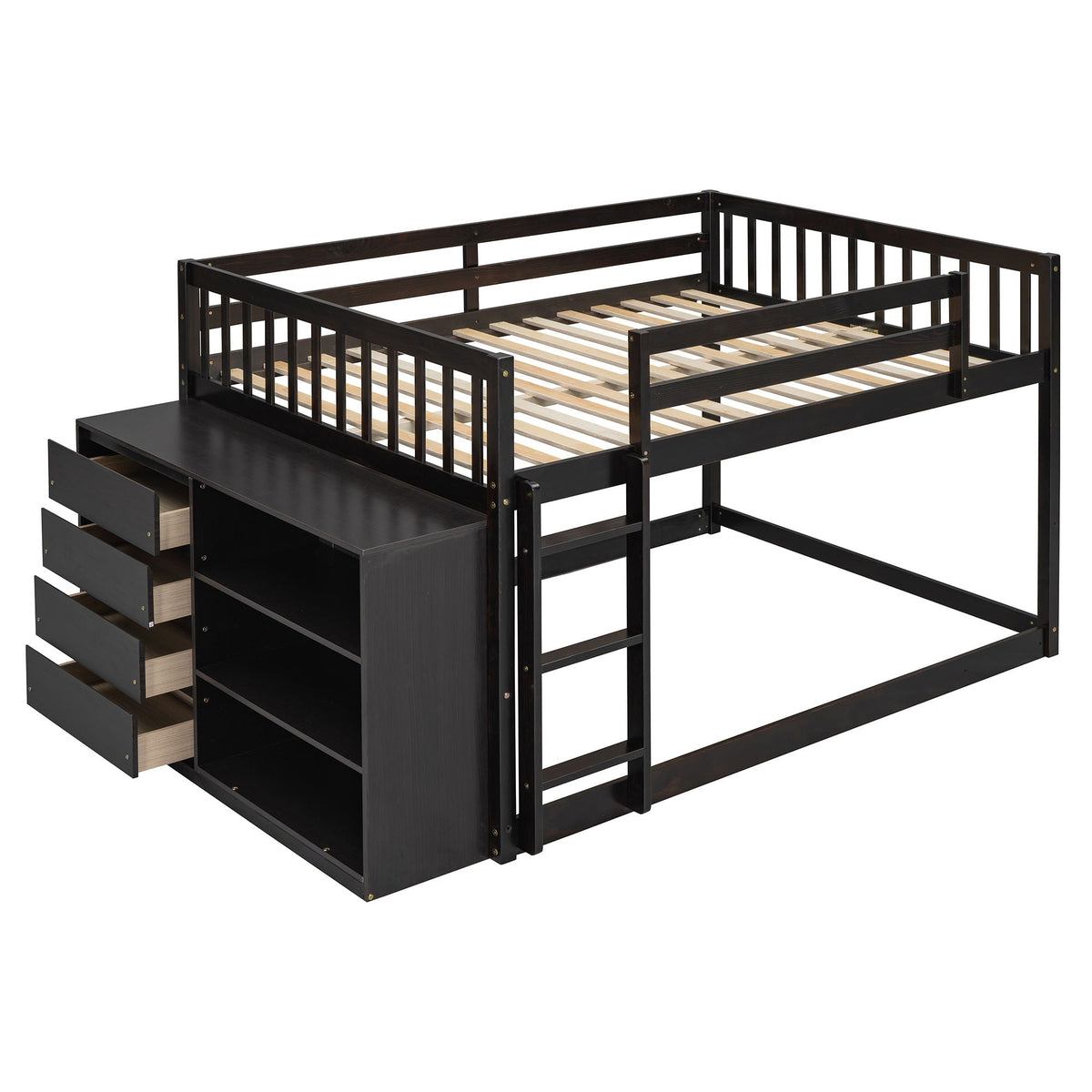 Bunk Bed With 4 Drawers and 3 Shelves - Solid Pine Wood