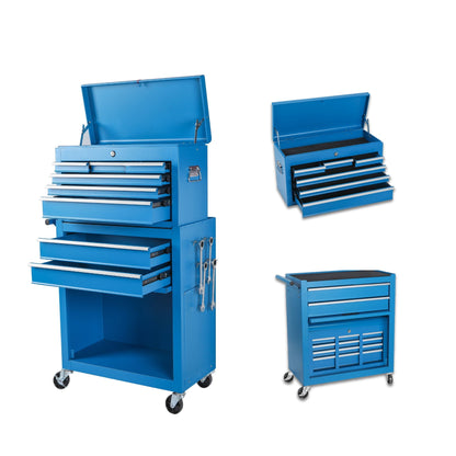 8 Drawer Rolling Tool Chest with Detachable Top Box and Lockable Wheels - Red or Light Blue