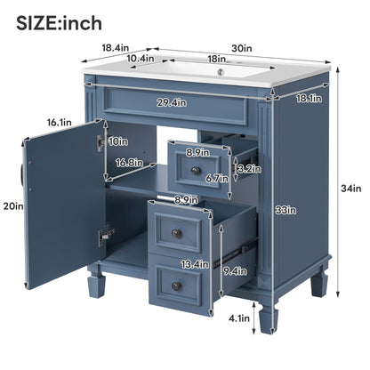 Bathroom Vanity with Ceramic Sink and Storage - White or Blue
