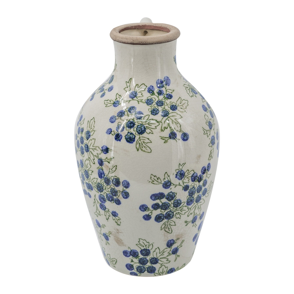 White Ceramic Vase with Blueberry Motif - Multicolor