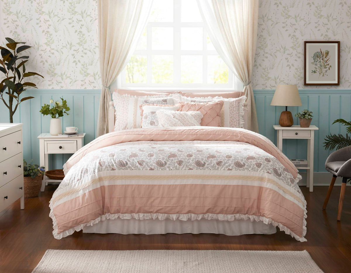 9 Piece Cotton Percale Comforter Set with Decorative Pillows - Blush