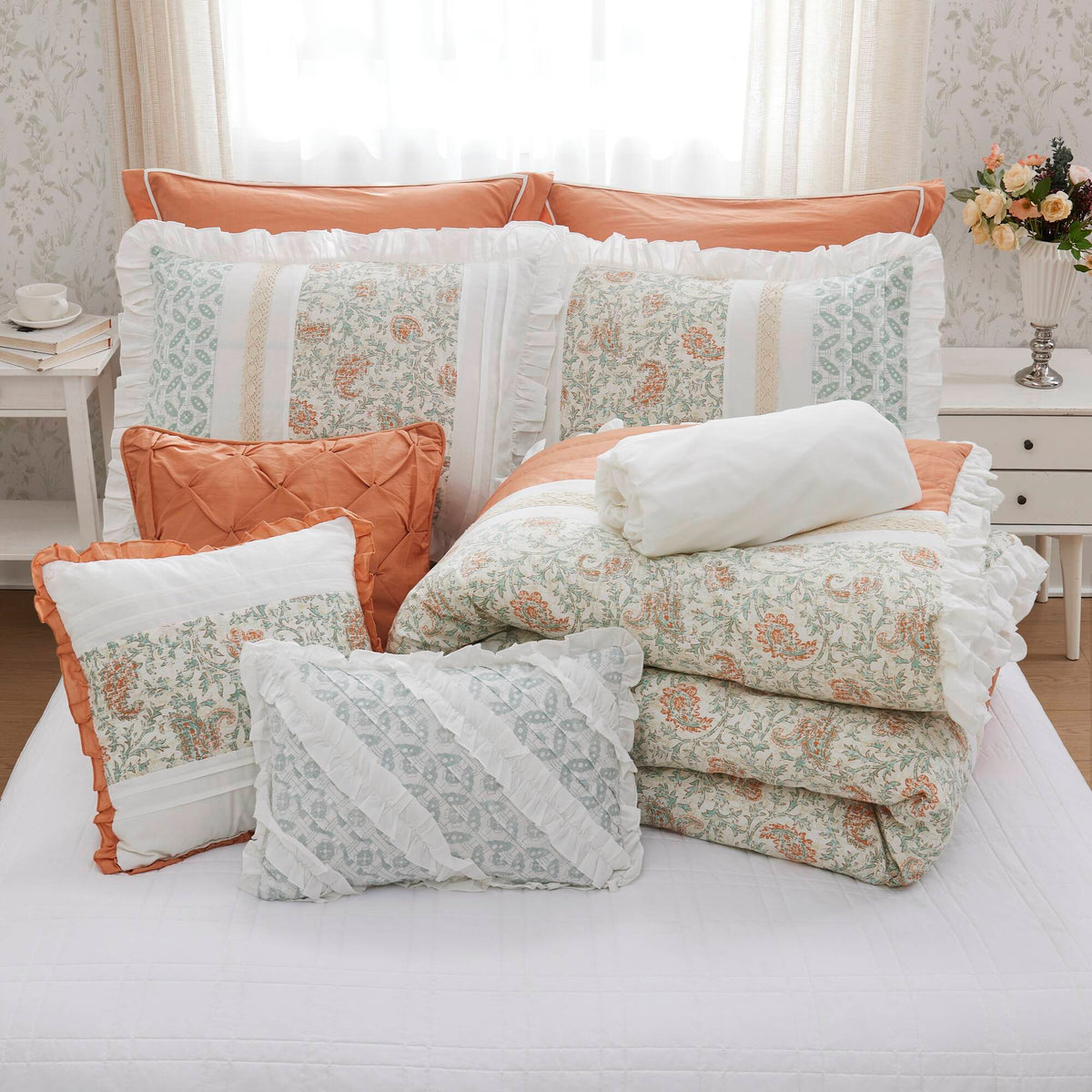 Coral Cotton Percale Comforter Set with Pintucking and Lace Taping - Queen
