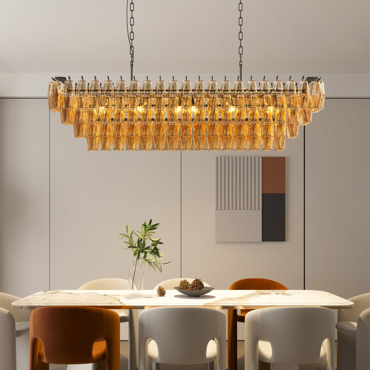 54-Inch Black Rectangular 12-Light Chandelier with Smoke Glass - Black