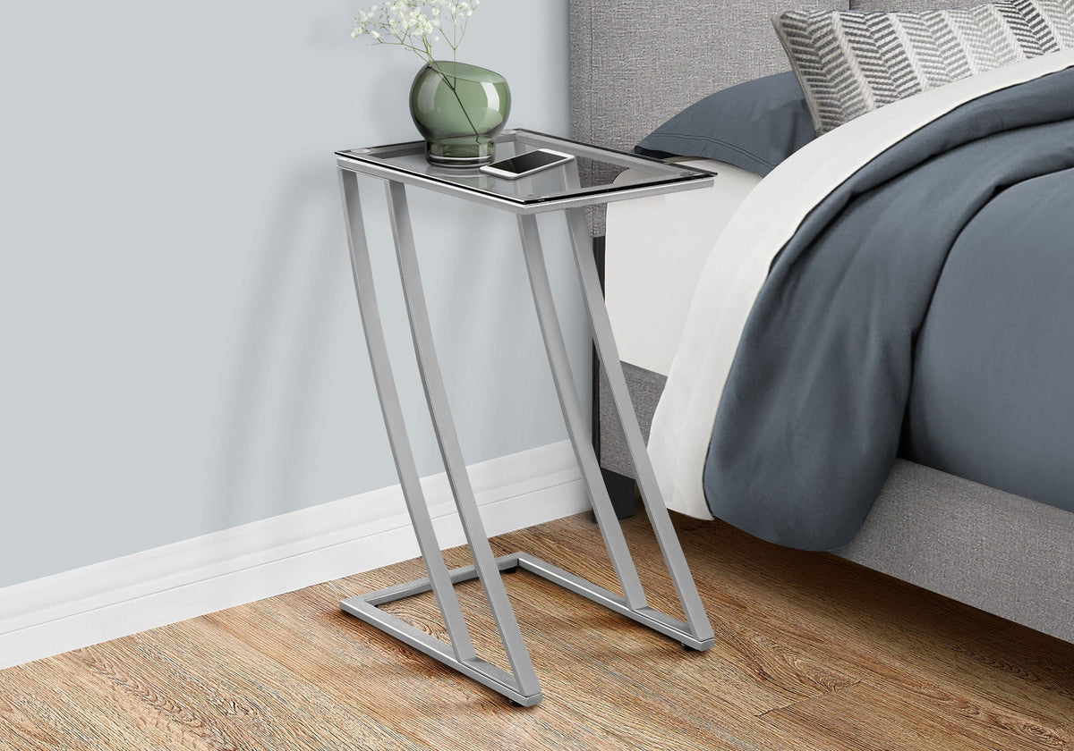 C-Shaped Accent Table with Glass Top and Metal Frame - Black or Gray