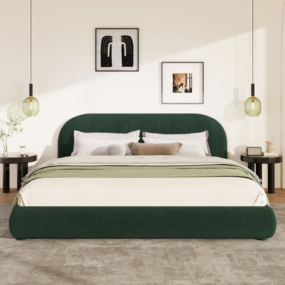 Upholstered Modern Bedroom Bed with Curved Headboard - Beige or Dark Green