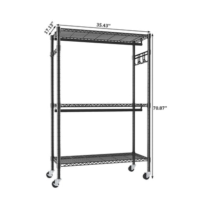 Heavy Duty Rolling Clothes Rack with Shelves and Hooks - Black