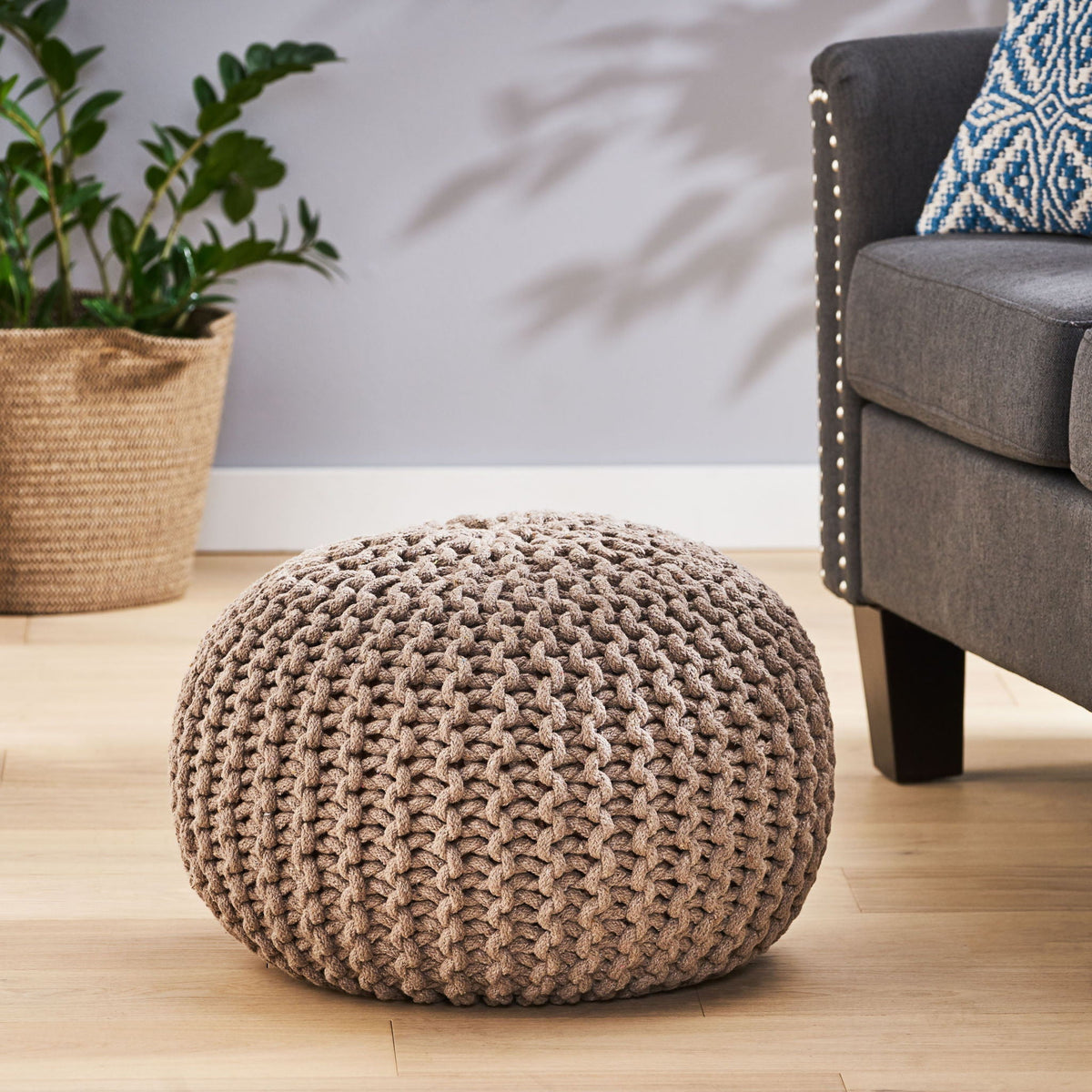 Knitted Round Pouf Ottoman with Pumpkin Shape - Light Blue or Dark Brown