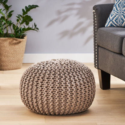 Knitted Round Pouf Ottoman with Pumpkin Shape - Light Blue or Dark Brown