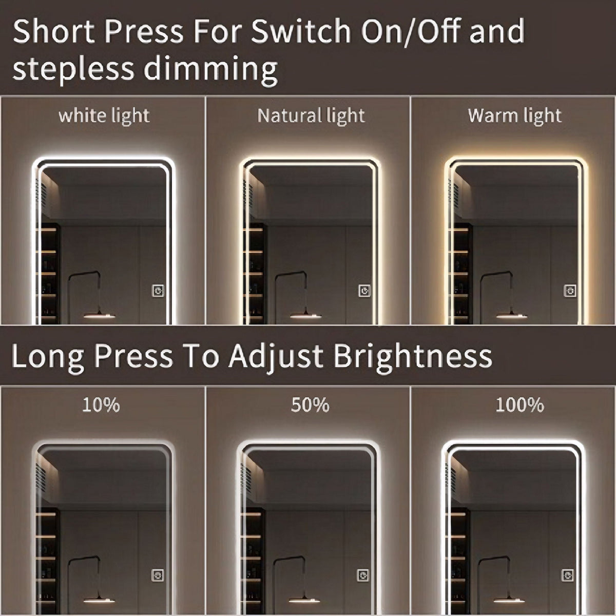 Full Length Floor Mirror LED with Dimming & 3 Color Modes - Silver