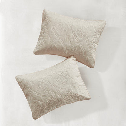 Reversible Bedspread Set with Medallion Quilting - Cream Full/Queen