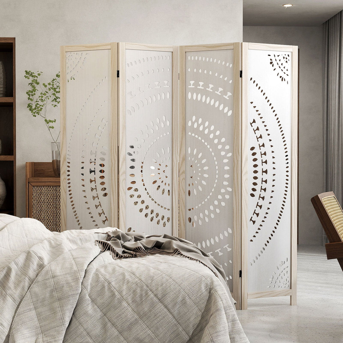 66 Inch Boho 4-Panel Room Divider Privacy Screen with Carved Pattern
