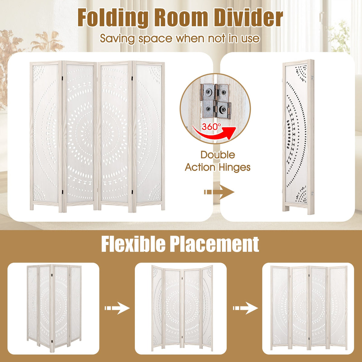 66 Inch Boho 4-Panel Room Divider Privacy Screen with Carved Pattern