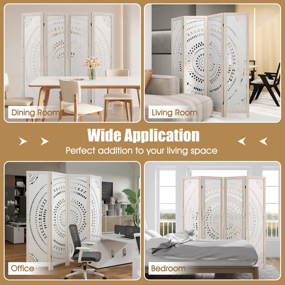 66 Inch Boho 4-Panel Room Divider Privacy Screen with Carved Pattern