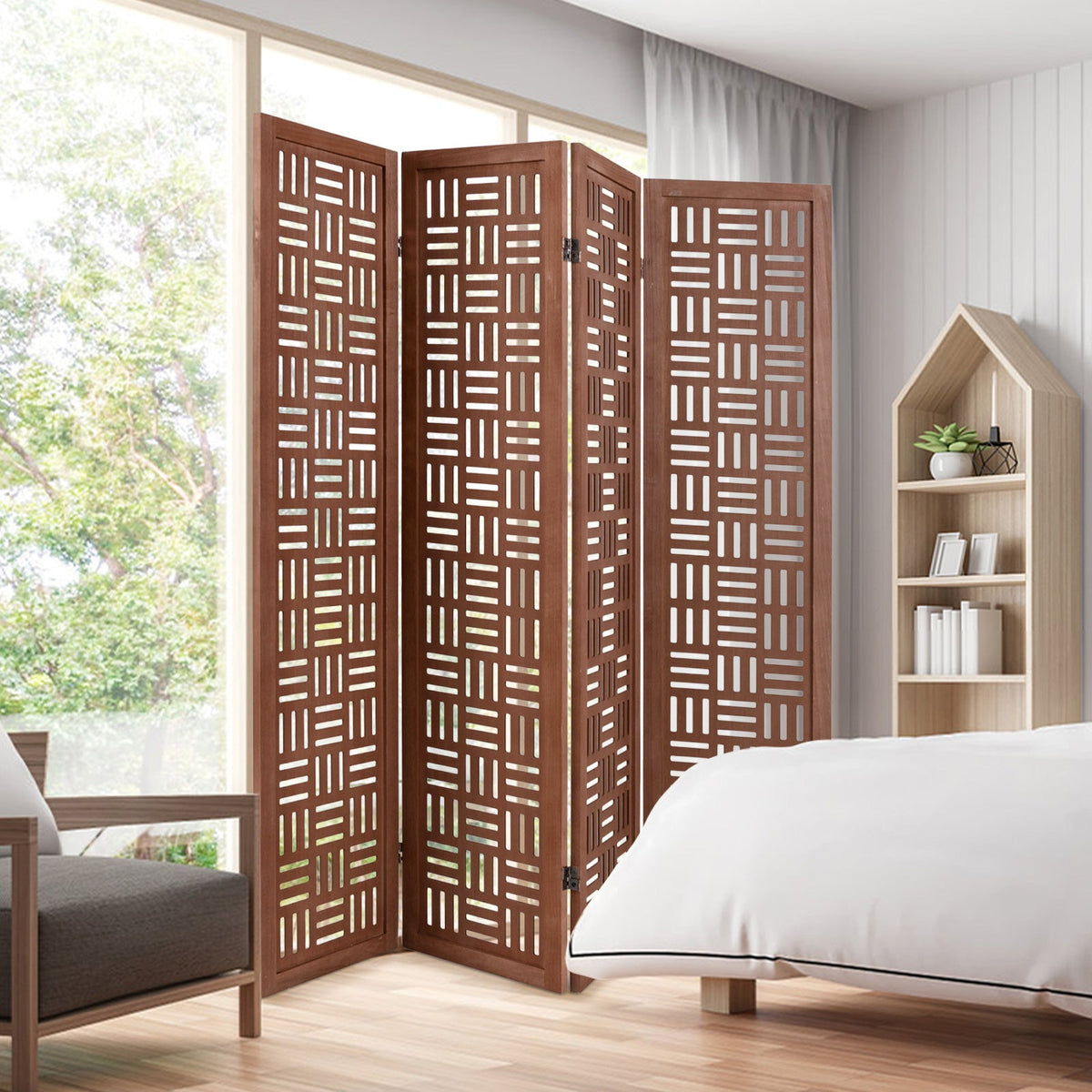 4-Panel Solid Wood Room Divider Folding Partition Stand