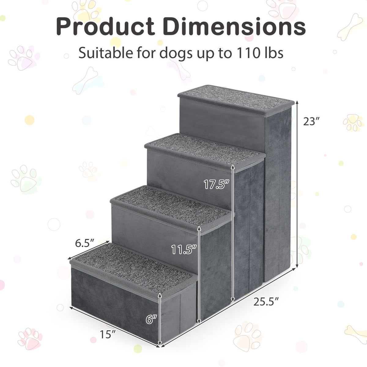4-Step Dog Stairs Non-slip Foldable Dog Ramp with Adjustable Steps-Grey