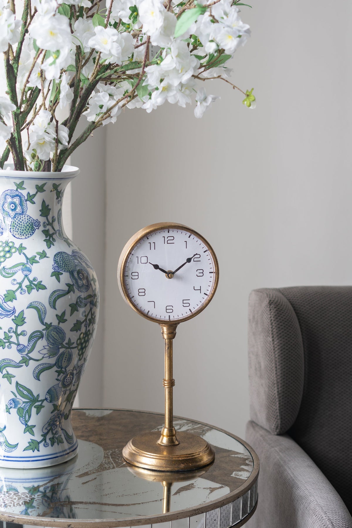Vintage Inspired Gold Iron Table Clock with Pedestal Design - Gold