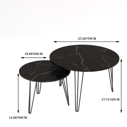 Rustic Round Nesting Coffee Table Set of 2 with Metal Frame - White, Black, Light Brown