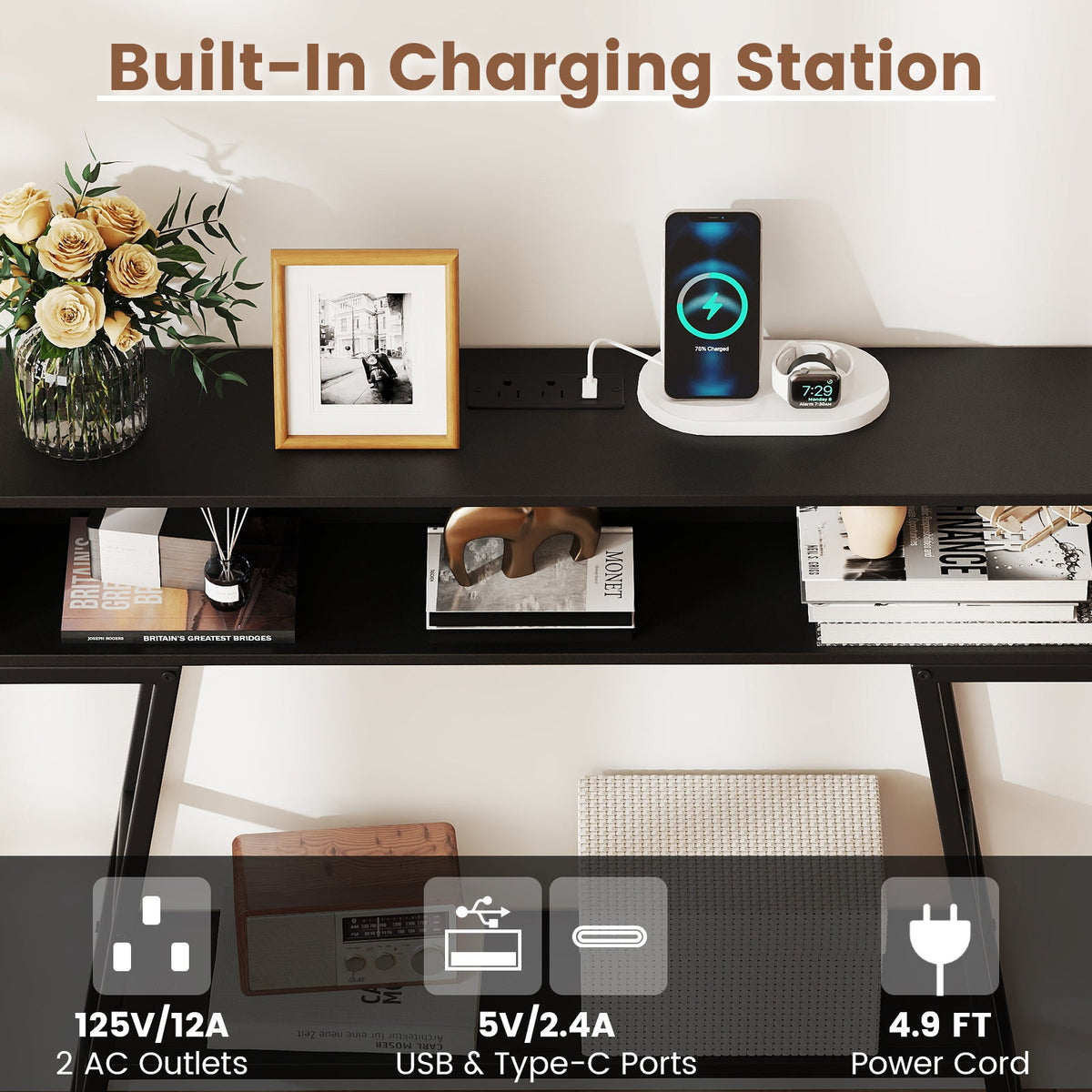 40" Console Table with Charging Station and LED Lights