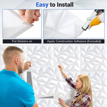 40-Pack 3D Wall Panels with Decorative Diamond Patterns-White