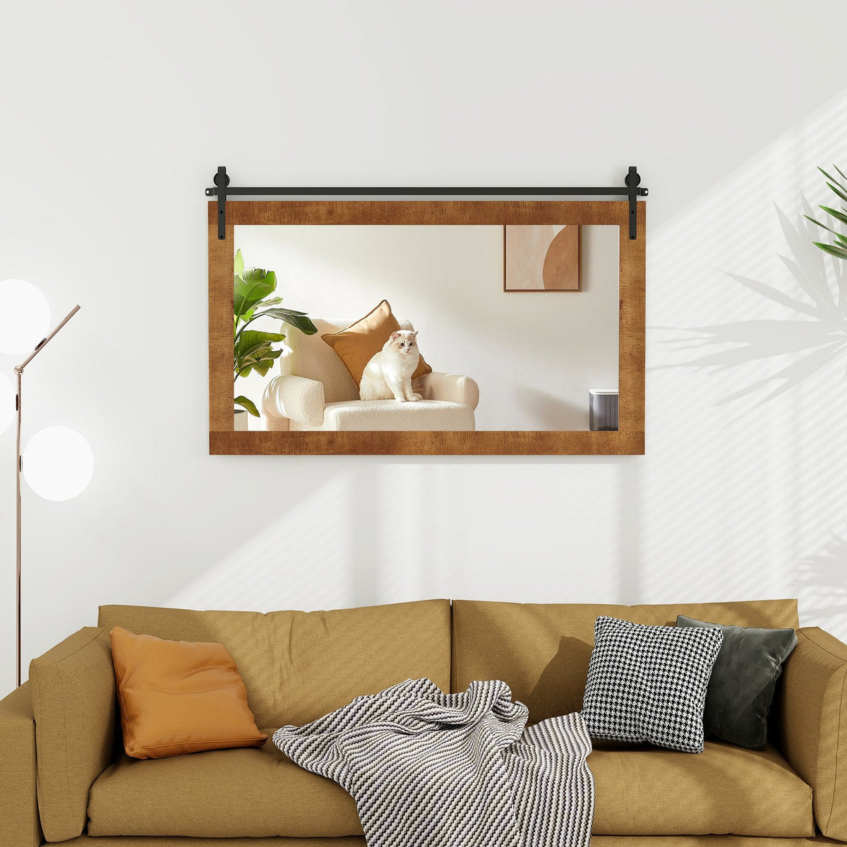 Rectangle Barn Door Style Wall Mounted Mirror with Solid Wood Frame