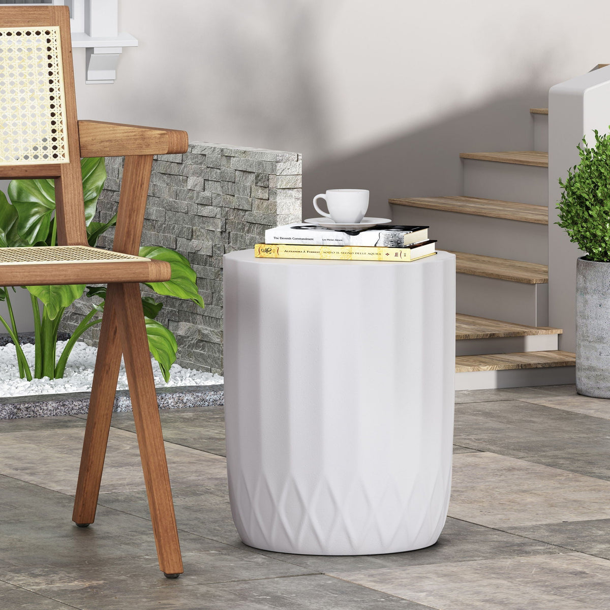 Outdoor End Table with Scallop Edge - Antique White