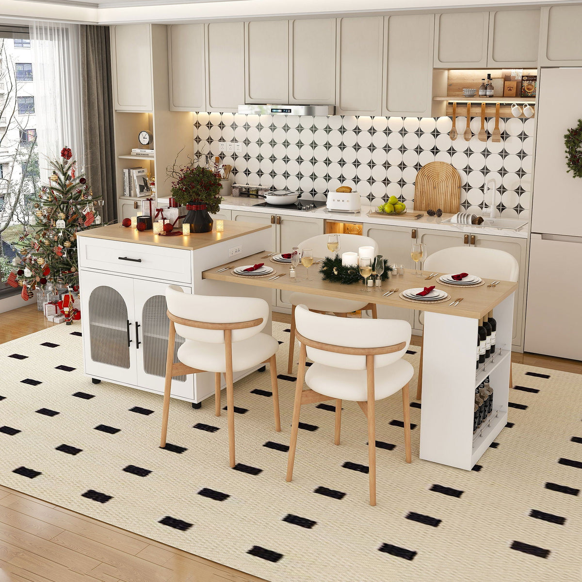 Expandable Kitchen Island with Power Outlet - Wood, White or Black