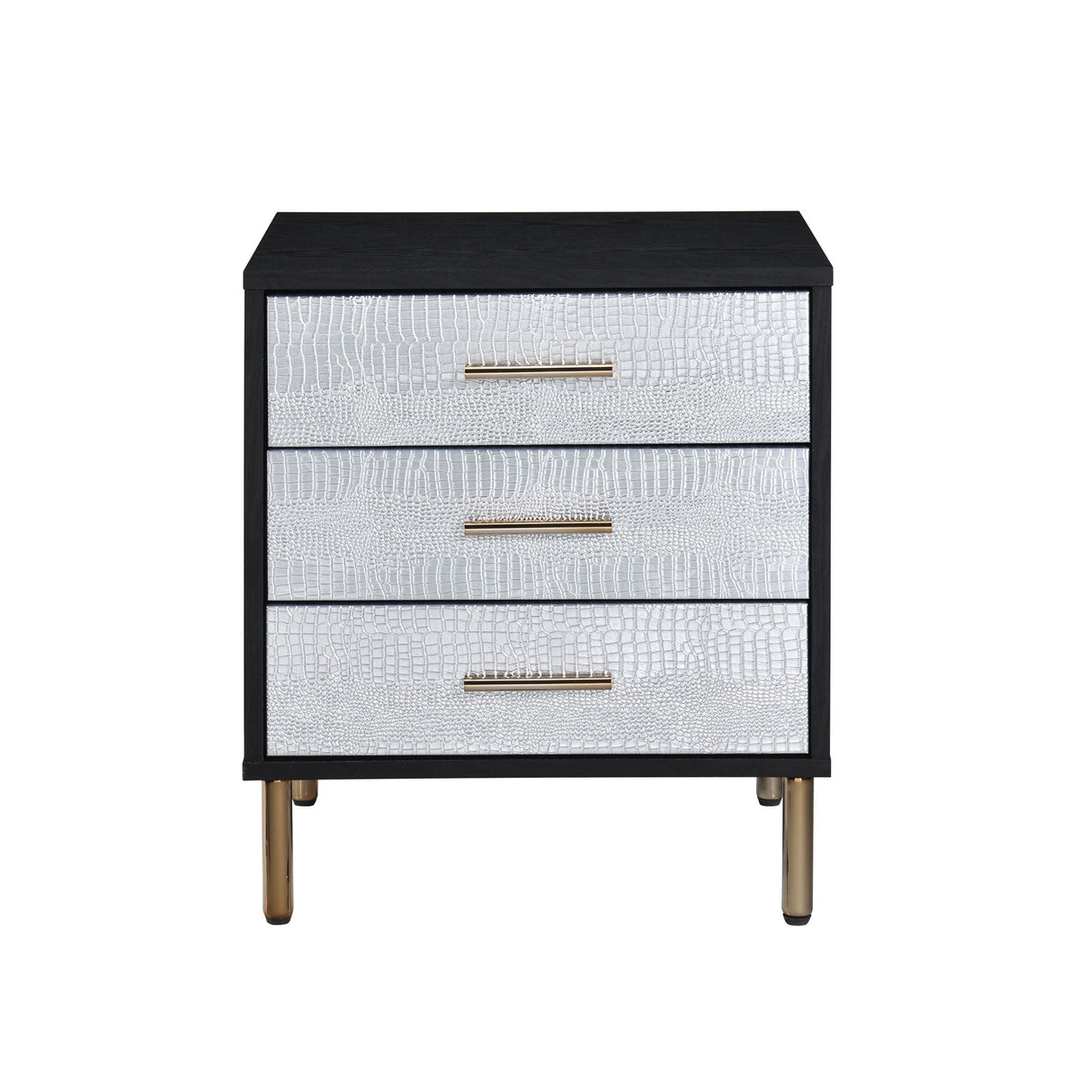 Black Accent Nightstand with Metal Legs and Three Drawers