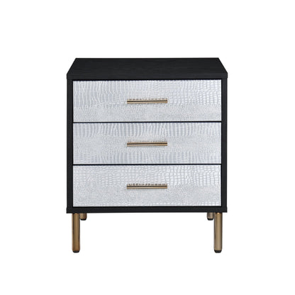 Black Accent Nightstand with Metal Legs and Three Drawers