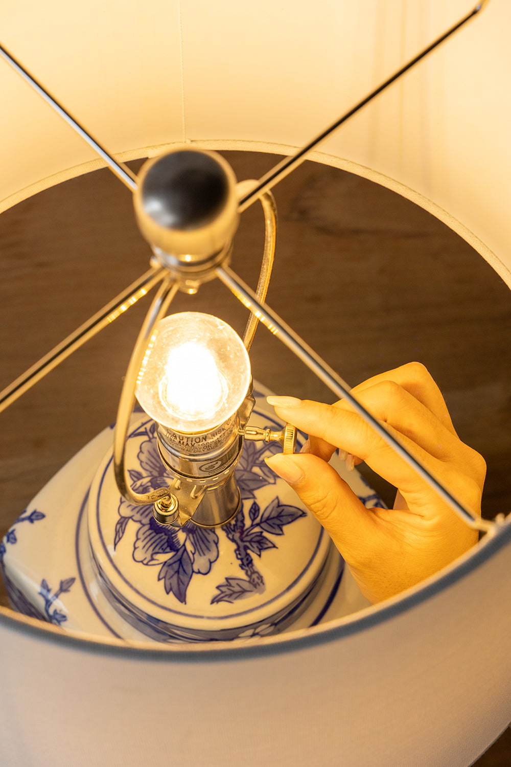 Blue and White Ceramic Vase Table Lamp with Linen Shade - White + Blue