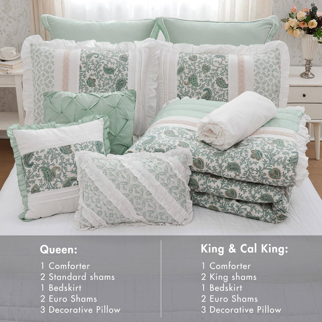 9 Piece Cotton Percale Comforter Set with Decorative Pillows - Aqua
