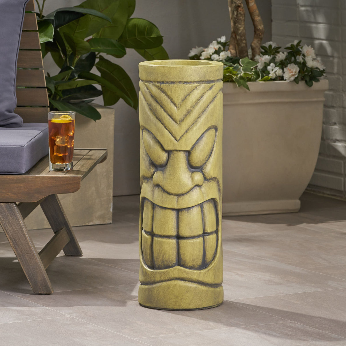 Stone Statue Urn Planter with Tiki Face Design - Antique Green