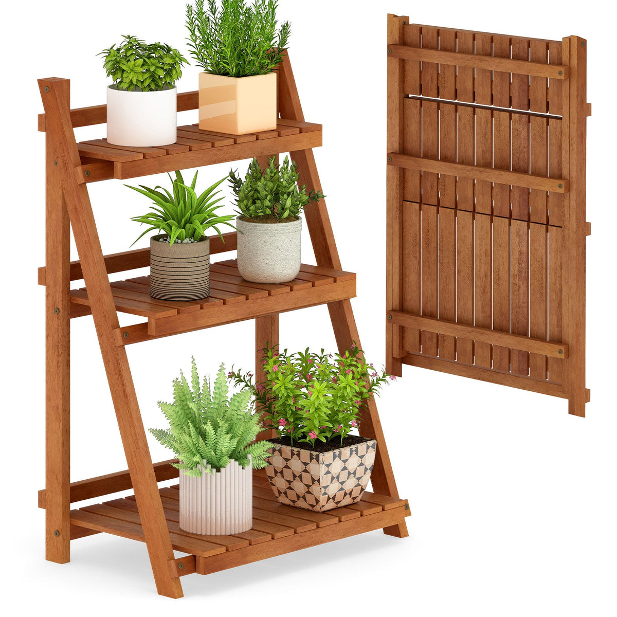 Foldable 3-Tier Solid Wood Plant Stand for Patio Balcony