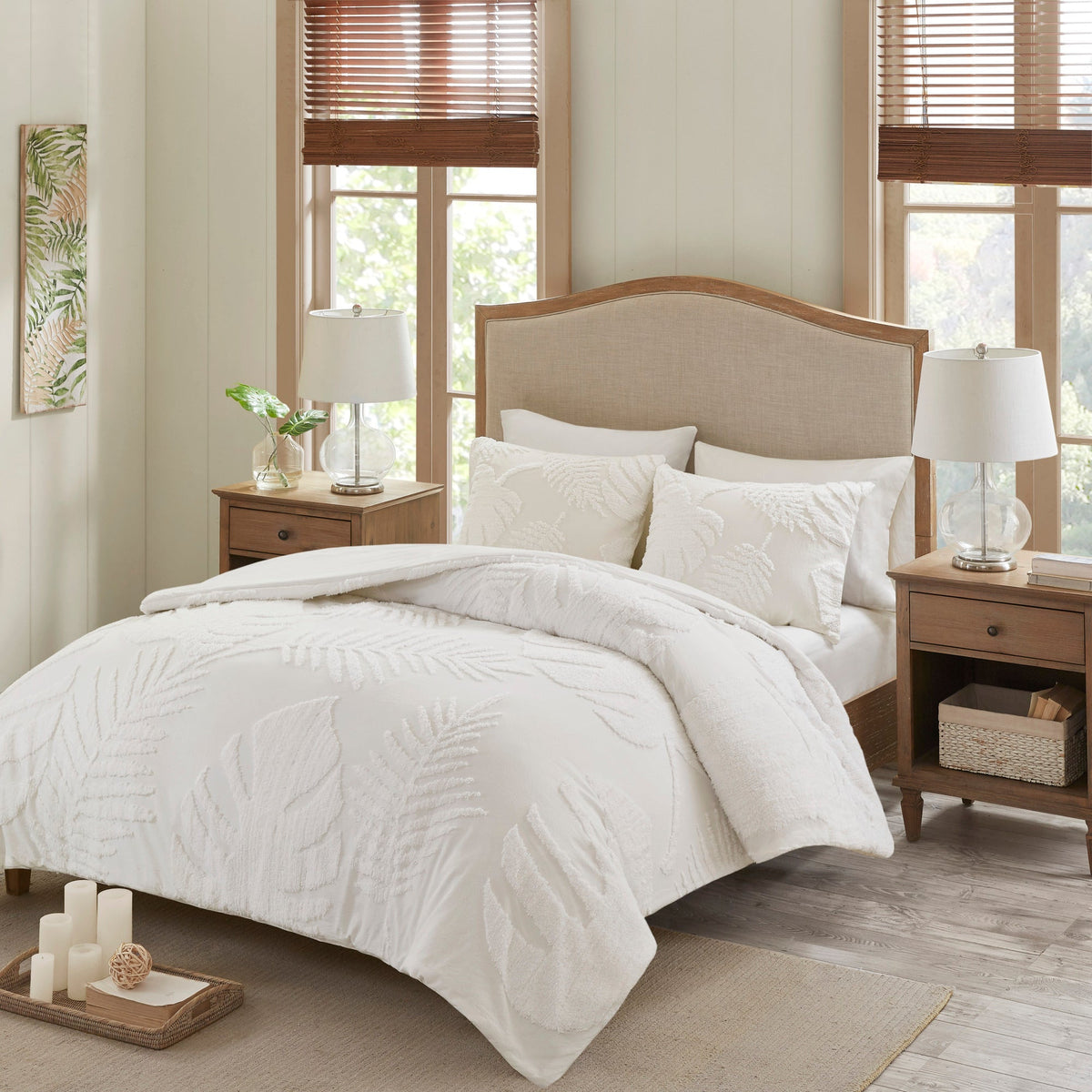Tufted Cotton Chenille Palm Comforter Set with Palm Leaf Design - Off White