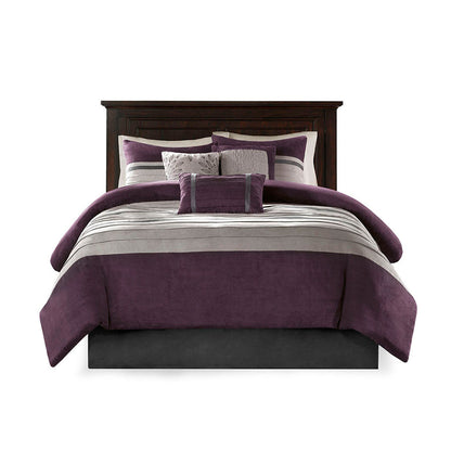 Faux Suede 7 Piece Queen Comforter Set with Embroidered Pillows - Purple