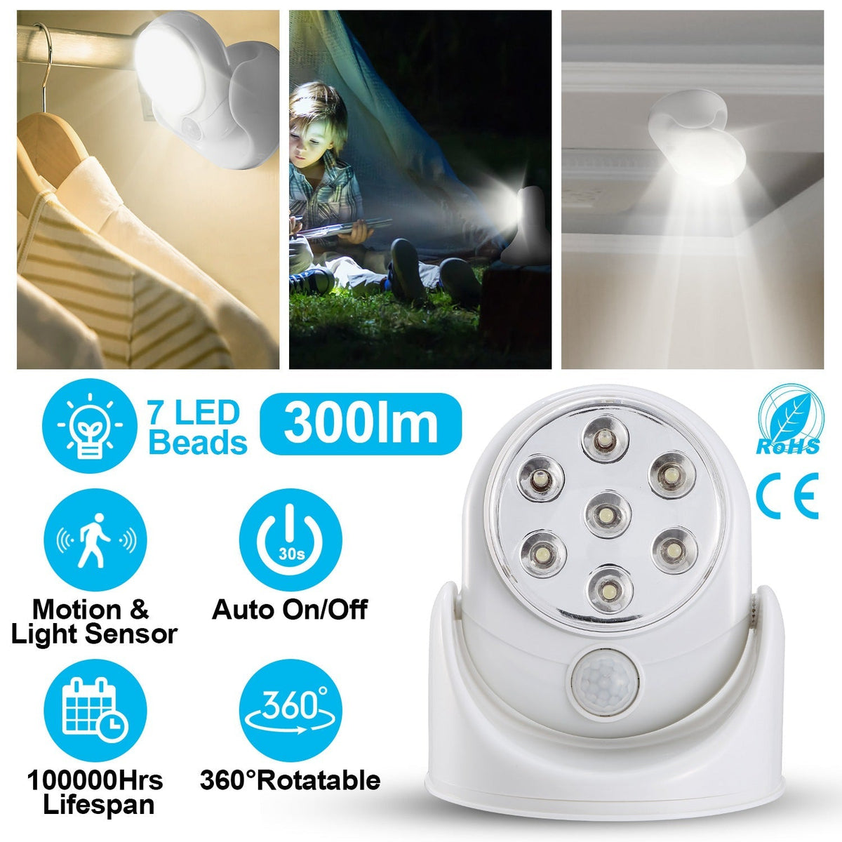 Wireless LED Spotlight 90 ¡ Motion Sensor Night Lamp 360¡Rotate Cordless Stairs Lights Battery Operated w/23ft Sensing Range for Closet Bathroom