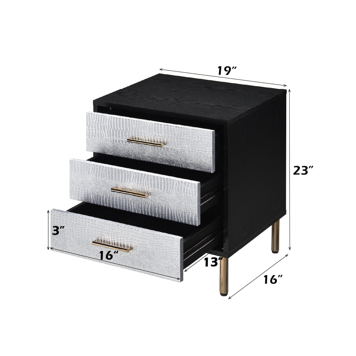 Black Accent Nightstand with Metal Legs and Three Drawers