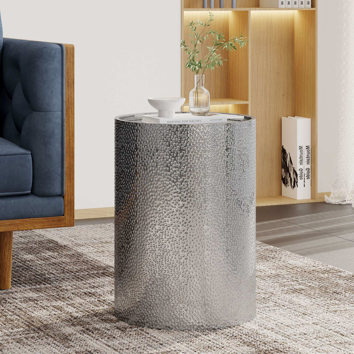 Modern Round Accent Table with Hammered Surface - Pearl Silver or Gold