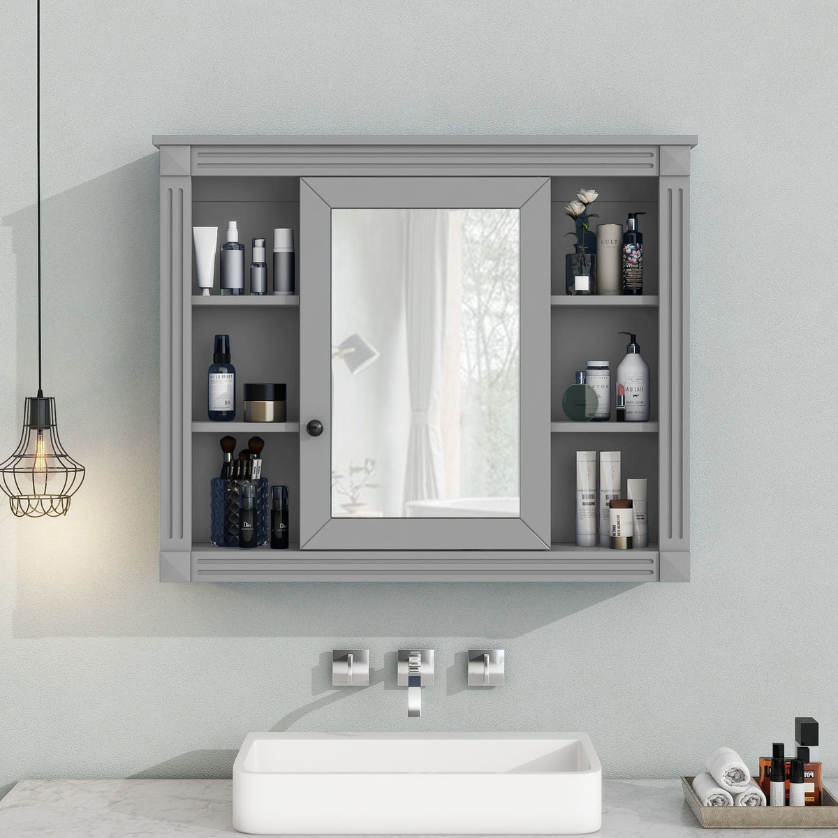 Wall Mounted Bathroom Storage Cabinet with Mirror - Blue, White, or Dark Gray