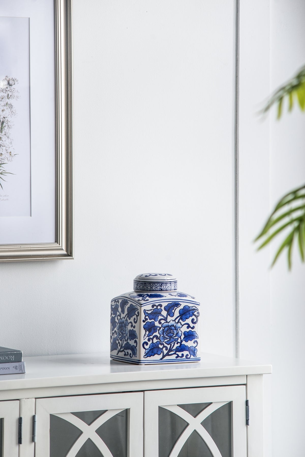 Hand Painted Square Ceramic Canister with Blue Floral Pattern - White & Blue