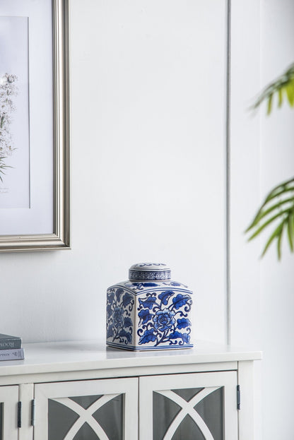 Hand Painted Square Ceramic Canister with Blue Floral Pattern - White & Blue