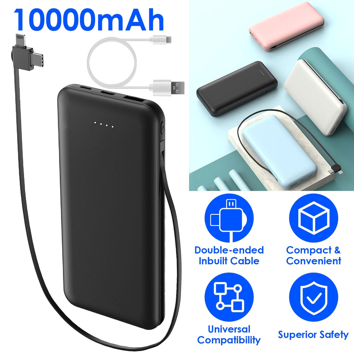 10000mAh Power Bank Portable Phone Charger External Battery Pack with LT & Type-C Double-ended Cable Type-C USB Cable Fit For IOSPhone 14 Android And