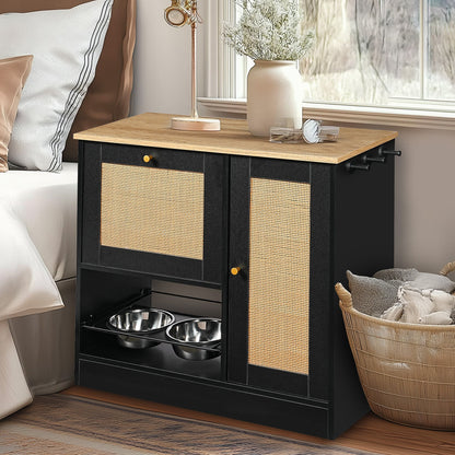 Feeding Station with 2 Lockers and Elevated Bowls - Black