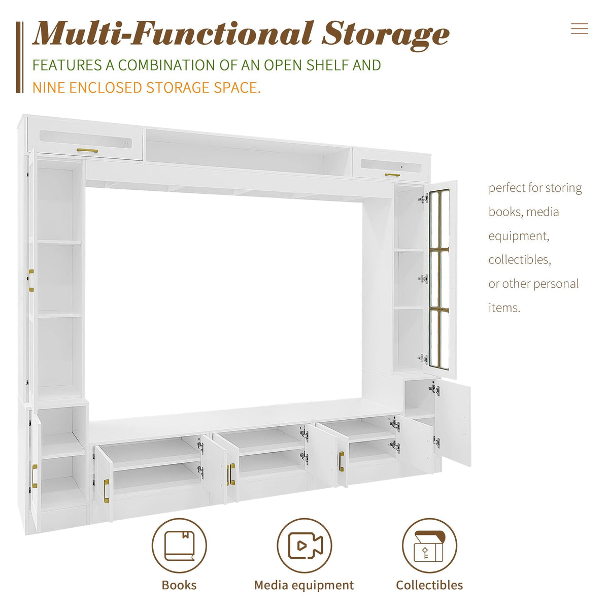 Wall Unit Entertainment Center with Glass Doors - White or Black