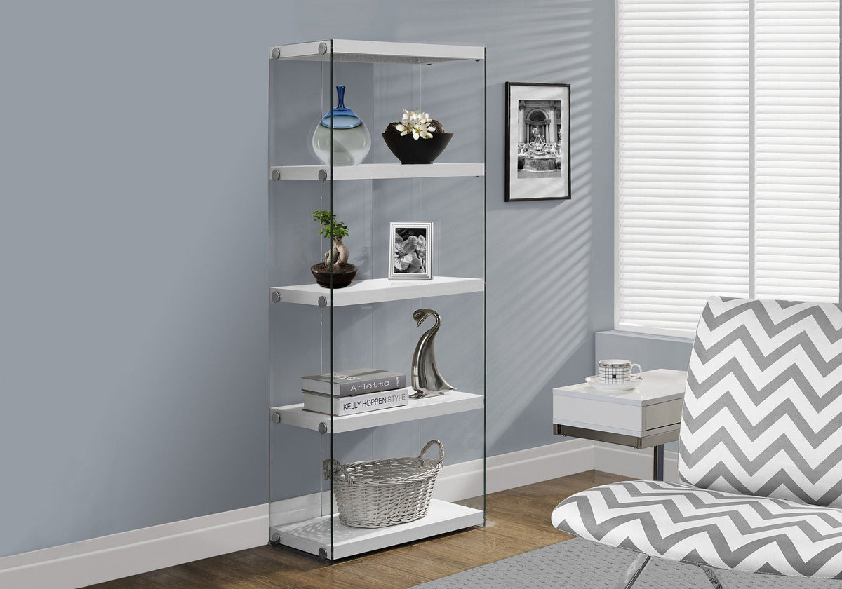 5-Tier White Bookcase with Tempered Glass Sides - White