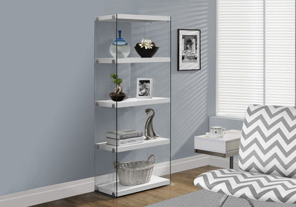 5-Tier White Bookcase with Tempered Glass Sides - White
