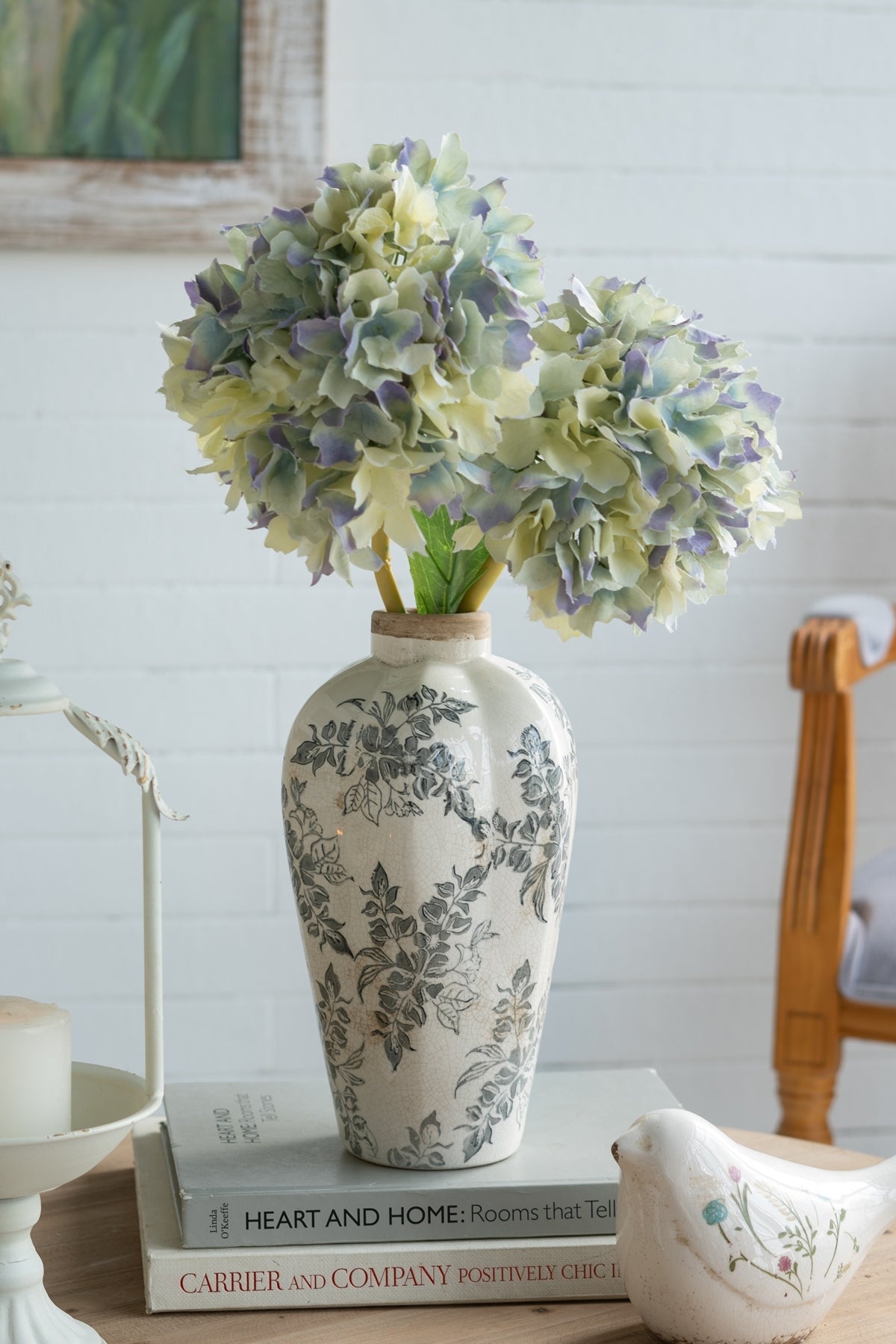 White Ceramic Accent Vase with Gray Floral Design - 11.6" Height