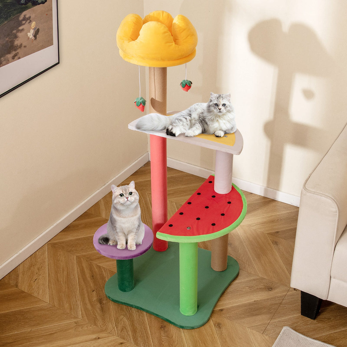 45 Inch Multi-Level Cat Tree with Plush Padded Top Perch and Fruit-Shaped Platforms