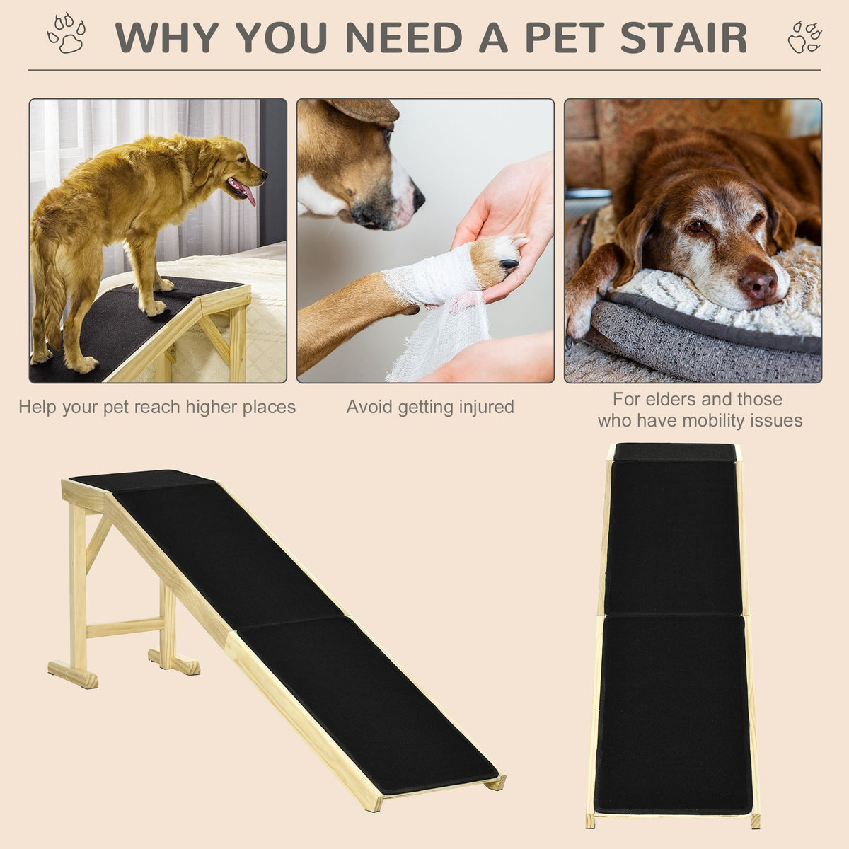 Pine Wood Pet Ramp with Non-Slip Carpet - Dog Ramp for Bed