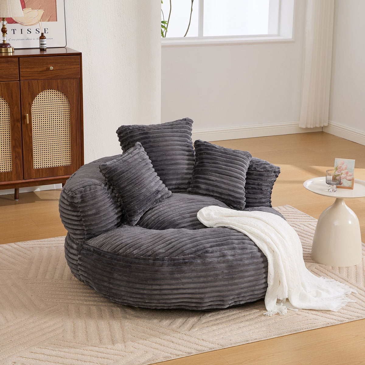 Oversized Bean Bag Chair with 3 Pillows & Armrest - Dark Gray