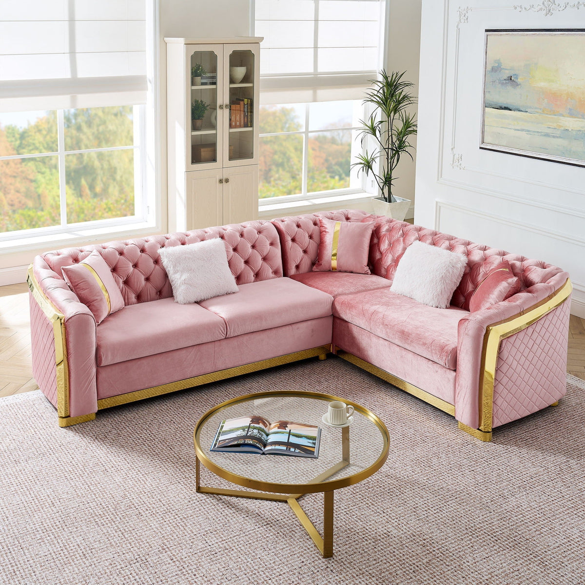 L Shaped Chesterfield Sectional Sofa with Stainless Steel Accents - Pink, Black, Beige